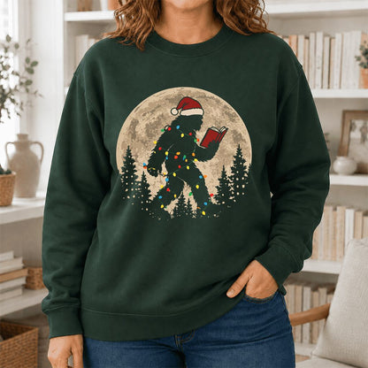 Big Foot Wearing Christmas Hat Printed Sweatshirt | Christmas Reader Gift Forest Green