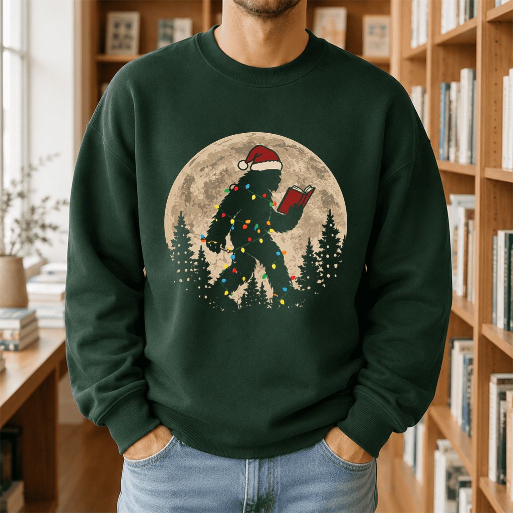 Big Foot Wearing Christmas Hat Printed Sweatshirt | Christmas Reader Gift Forest Green