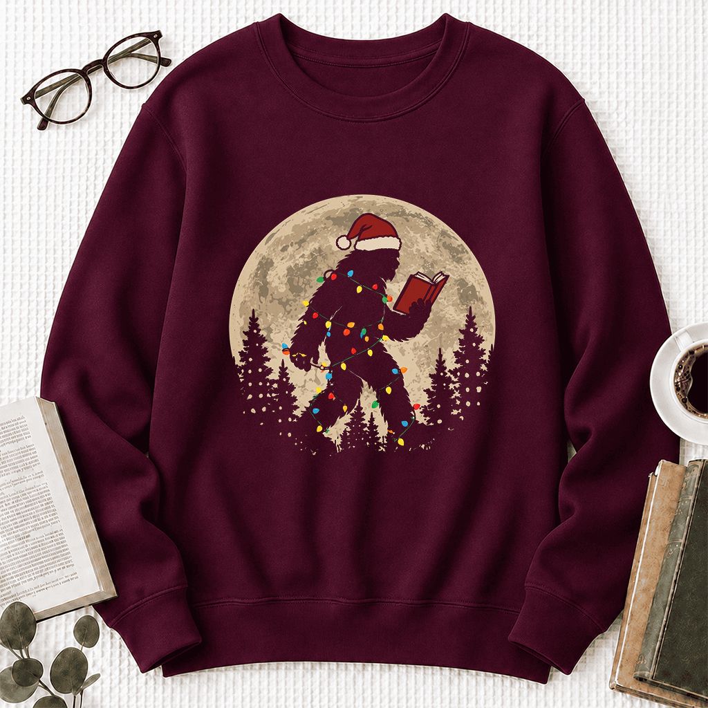 Big Foot Wearing Christmas Hat Printed Sweatshirt | Christmas Reader Gift Maroon
