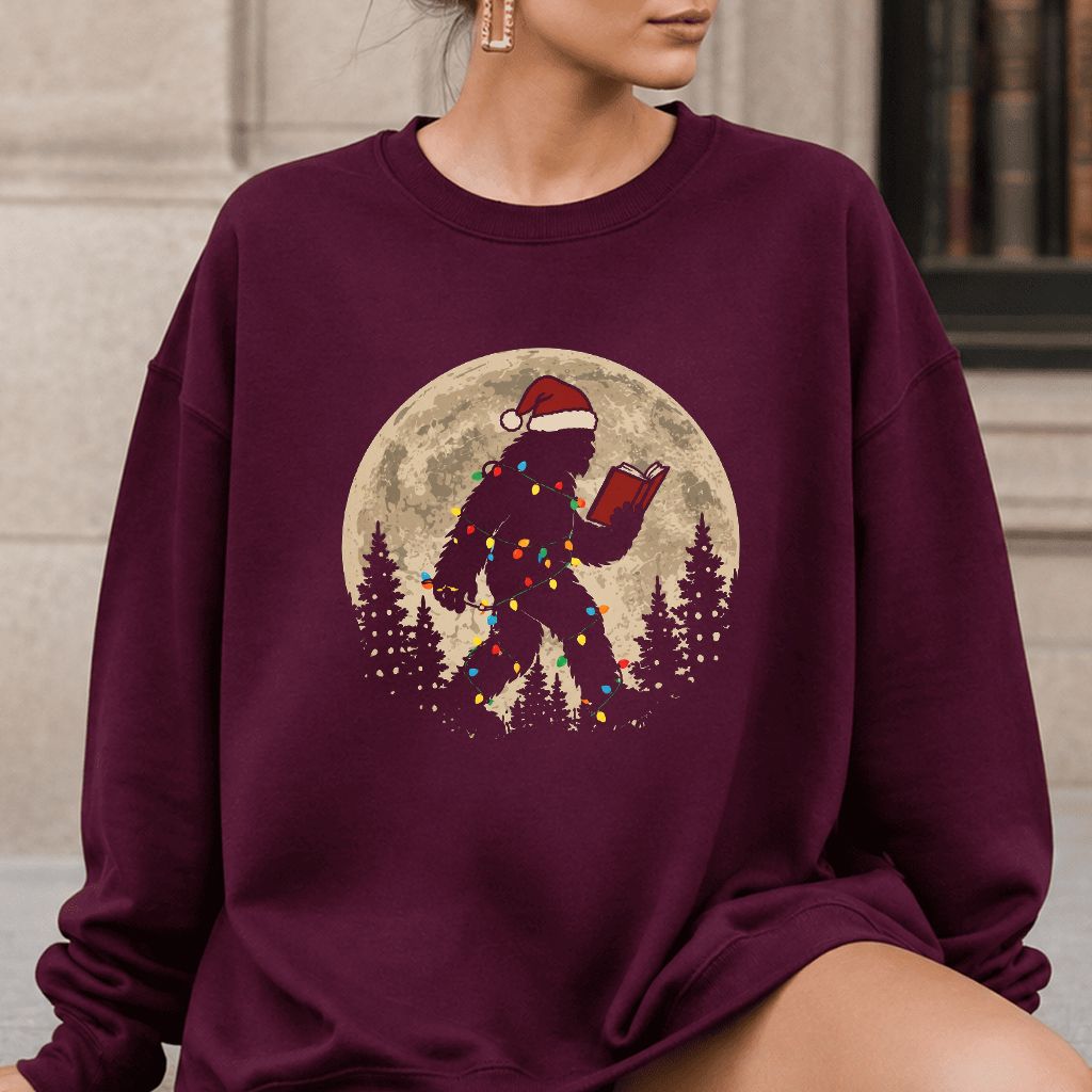 Big Foot Wearing Christmas Hat Printed Sweatshirt | Christmas Reader Gift Maroon