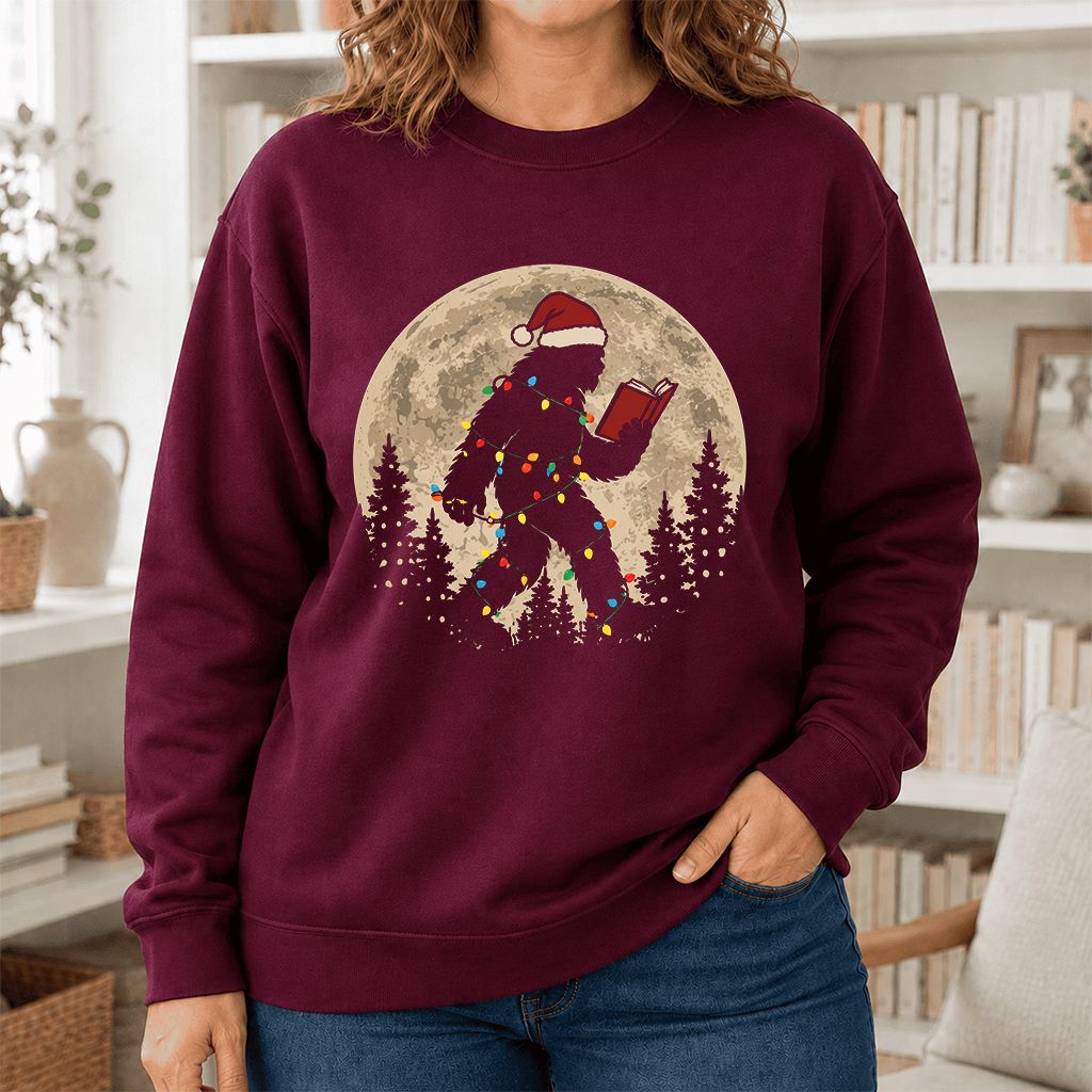 Big Foot Wearing Christmas Hat Printed Sweatshirt | Christmas Reader Gift Maroon