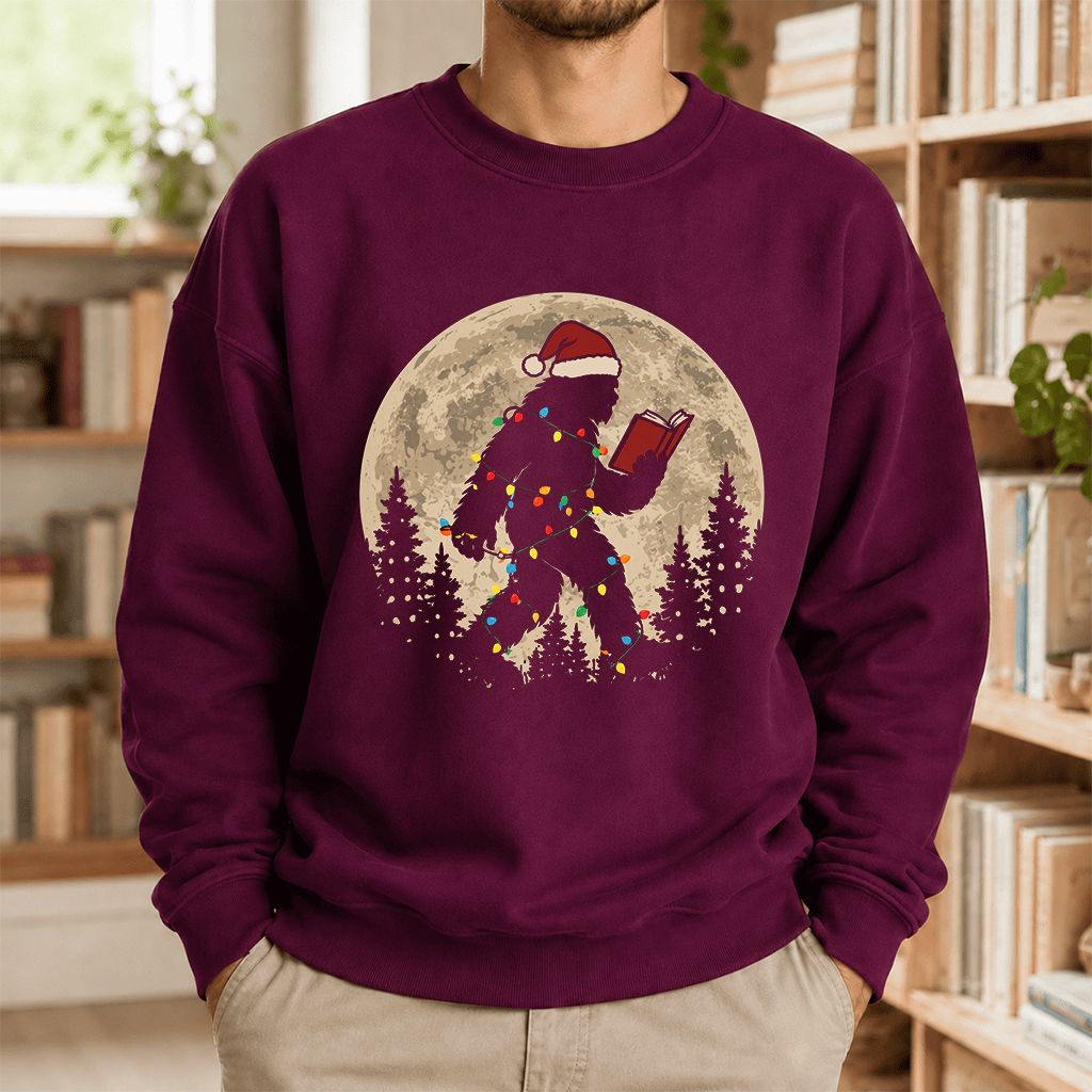 Big Foot Wearing Christmas Hat Printed Sweatshirt | Christmas Reader Gift Maroon