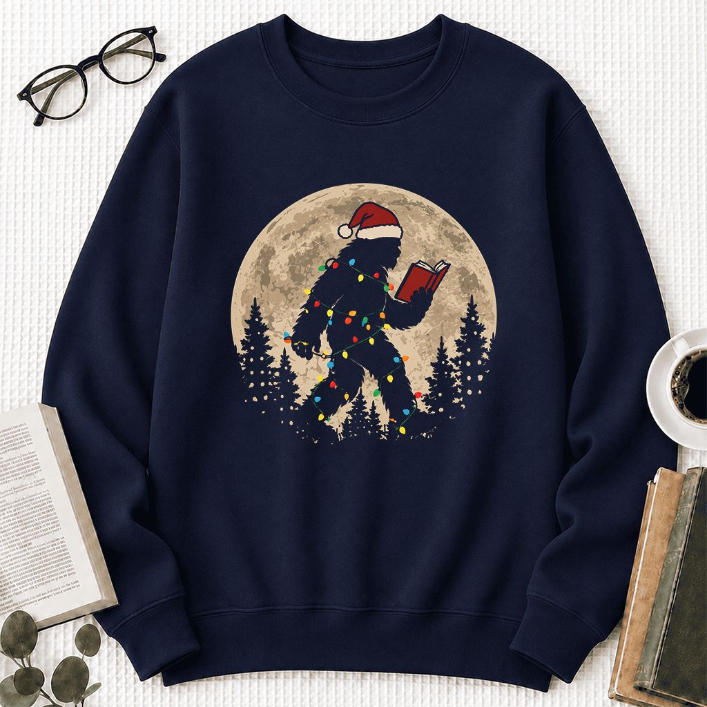 Big Foot Wearing Christmas Hat Printed Sweatshirt | Christmas Reader Gift Navy