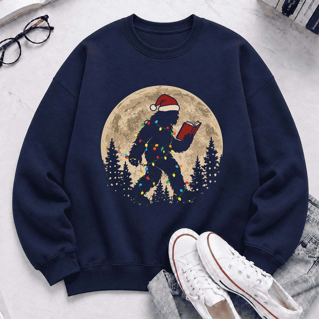 Big Foot Wearing Christmas Hat Printed Sweatshirt | Christmas Reader Gift Navy