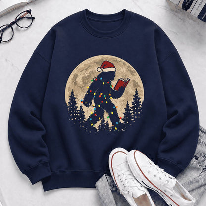 Big Foot Wearing Christmas Hat Printed Sweatshirt | Christmas Reader Gift Navy