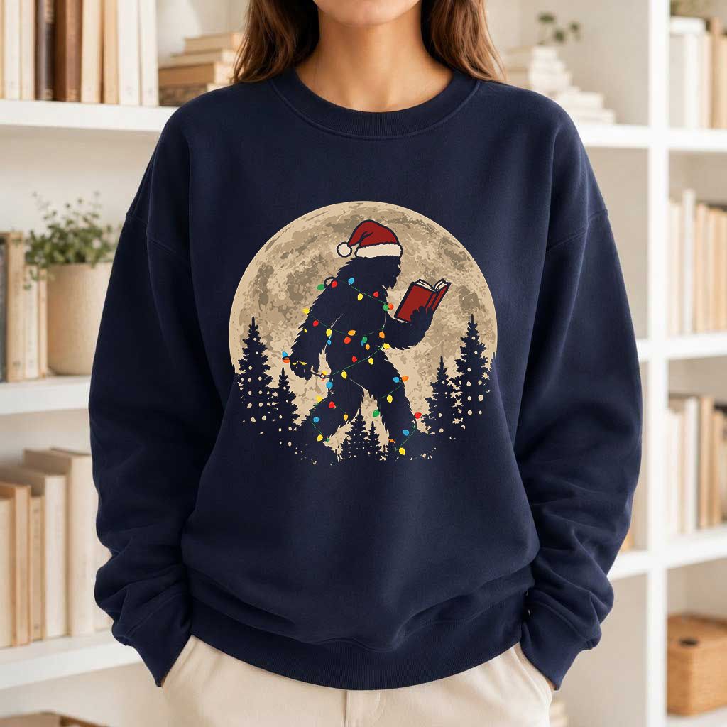 Big Foot Wearing Christmas Hat Printed Sweatshirt | Christmas Reader Gift Navy