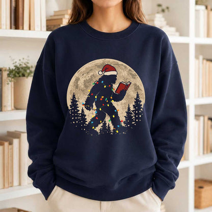 Big Foot Wearing Christmas Hat Printed Sweatshirt | Christmas Reader Gift Navy