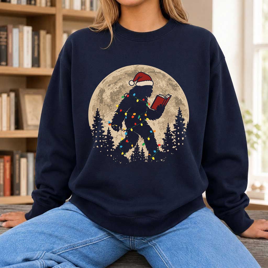 Big Foot Wearing Christmas Hat Printed Sweatshirt | Christmas Reader Gift Navy