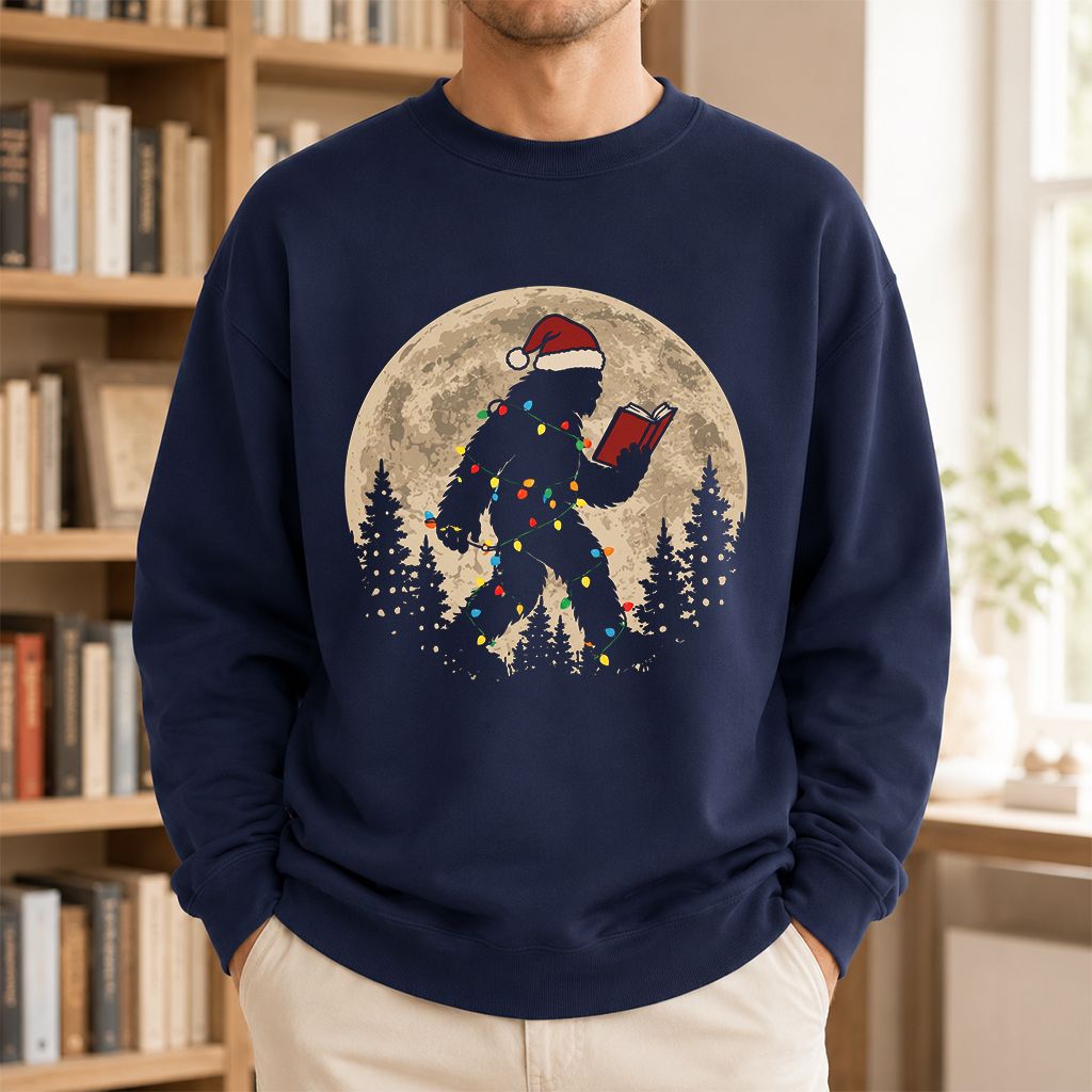 Big Foot Wearing Christmas Hat Printed Sweatshirt | Christmas Reader Gift Navy