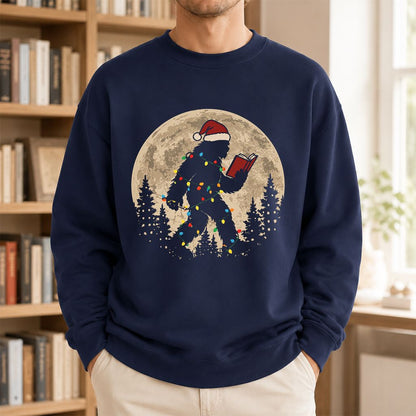 Big Foot Wearing Christmas Hat Printed Sweatshirt | Christmas Reader Gift Navy