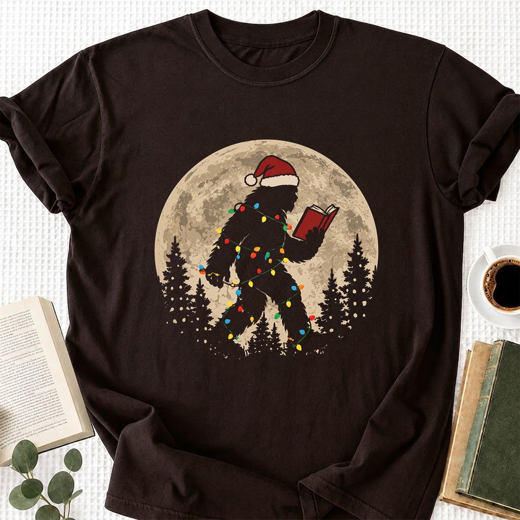Big Foot Wearing Christmas Hat Printed T-Shirt | Christmas Reader Gift Dark Chocolate