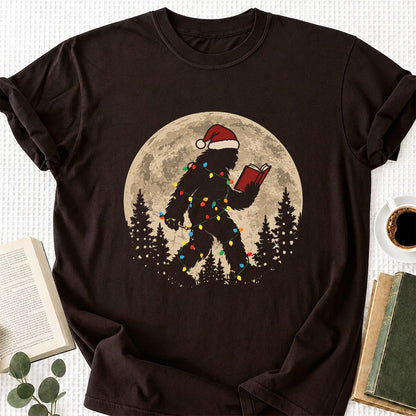 Big Foot Wearing Christmas Hat Printed T-Shirt | Christmas Reader Gift Dark Chocolate