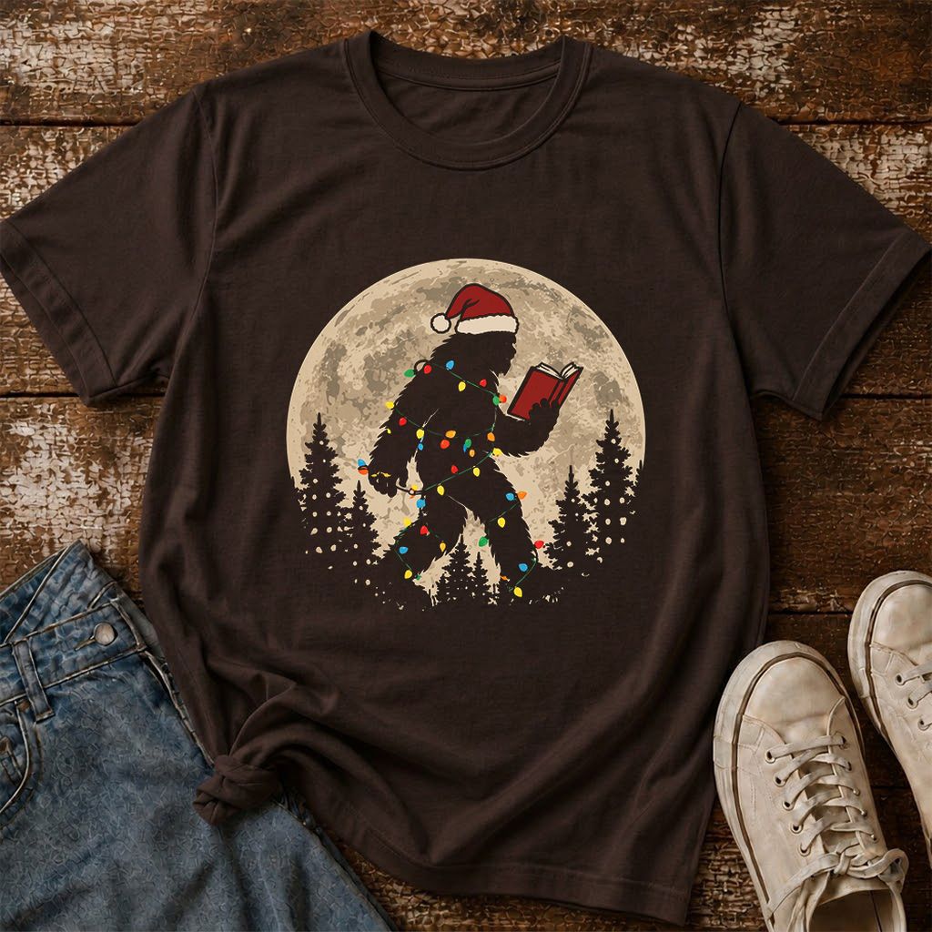 Big Foot Wearing Christmas Hat Printed T-Shirt | Christmas Reader Gift Dark Chocolate