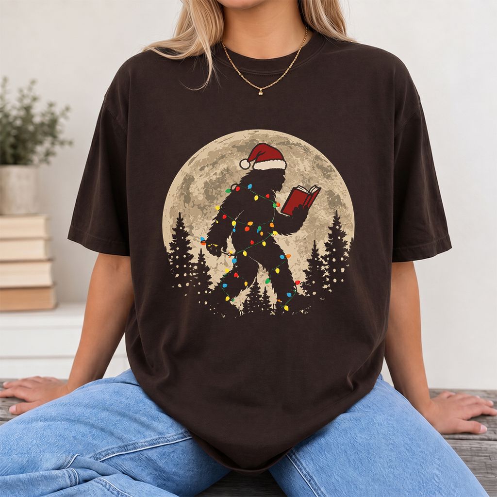 Big Foot Wearing Christmas Hat Printed T-Shirt | Christmas Reader Gift Dark Chocolate