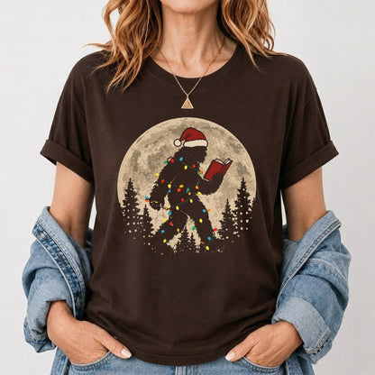 Big Foot Wearing Christmas Hat Printed T-Shirt | Christmas Reader Gift Dark Chocolate