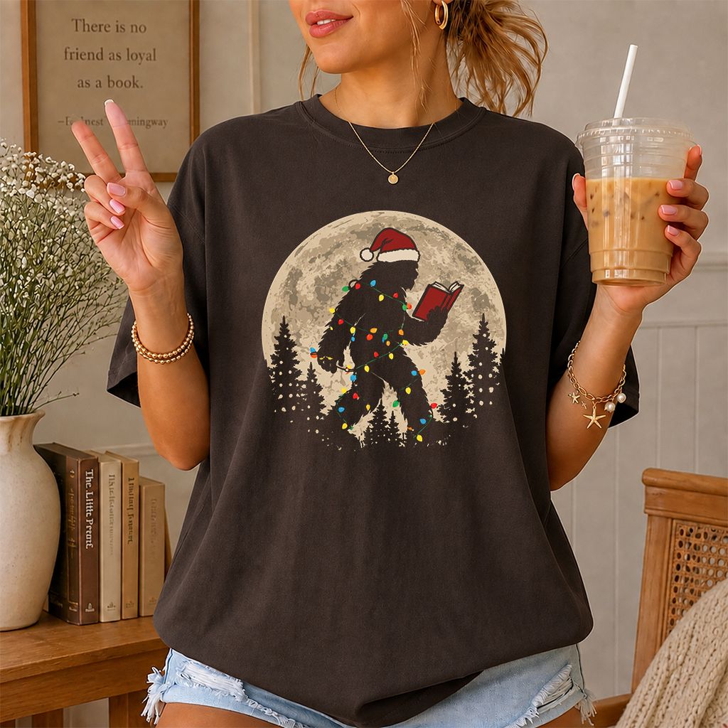Big Foot Wearing Christmas Hat Printed T-Shirt | Christmas Reader Gift Dark Chocolate