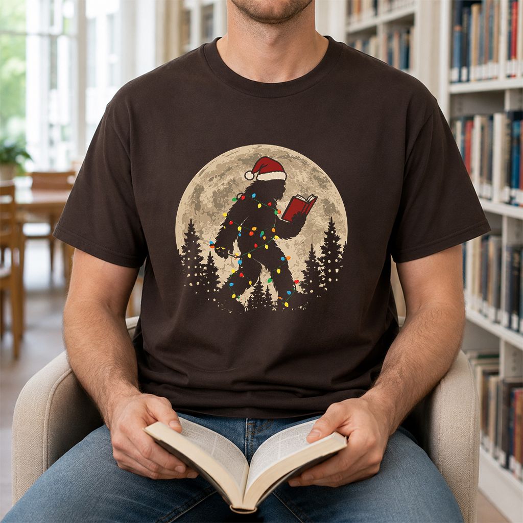 Big Foot Wearing Christmas Hat Printed T-Shirt | Christmas Reader Gift Dark Chocolate