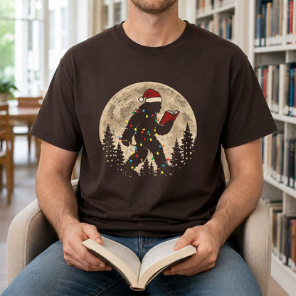 Big Foot Wearing Christmas Hat Printed T-Shirt | Christmas Reader Gift Dark Chocolate