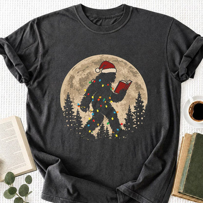 Big Foot Wearing Christmas Hat Printed T-Shirt | Christmas Reader Gift Dark Heather
