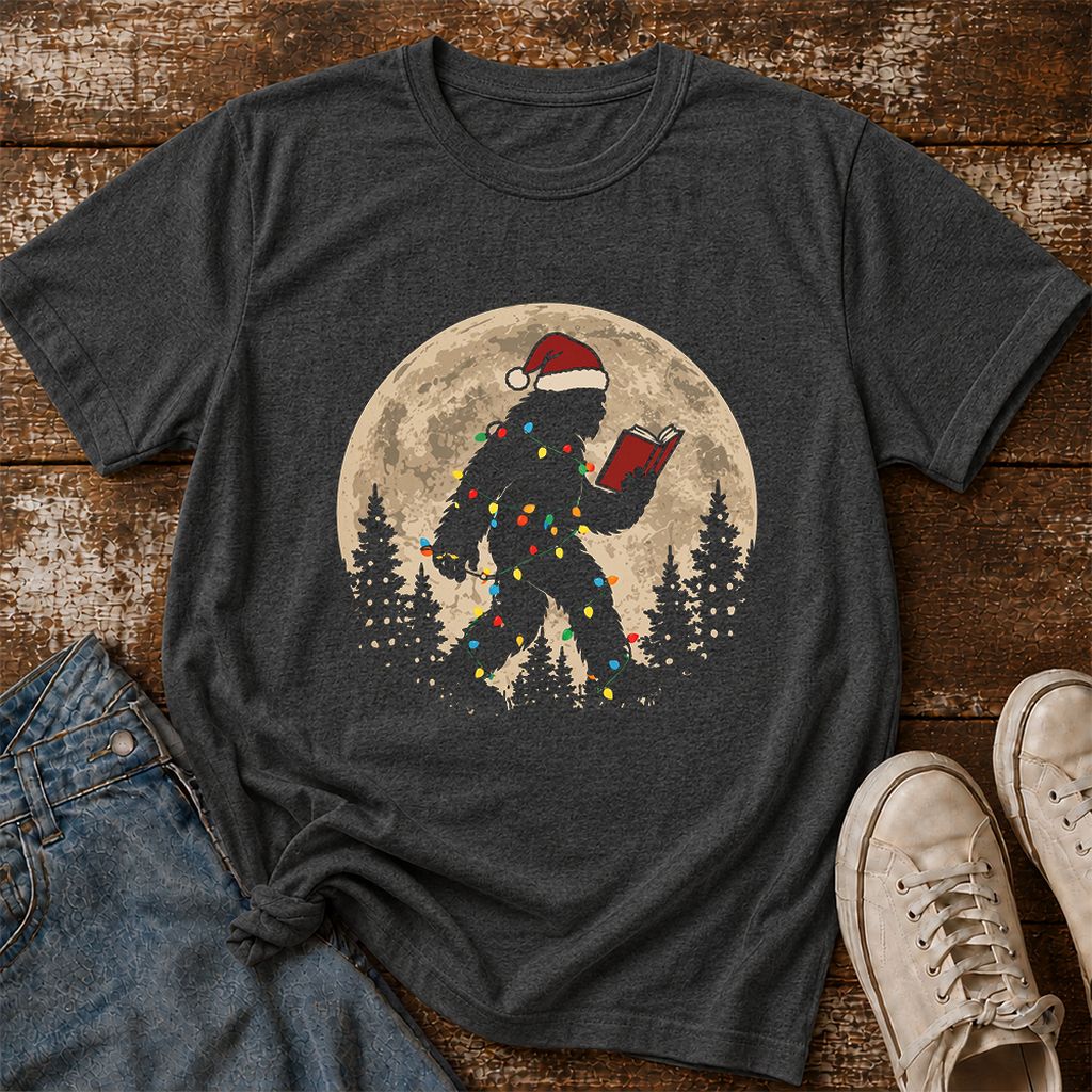 Big Foot Wearing Christmas Hat Printed T-Shirt | Christmas Reader Gift Dark Heather