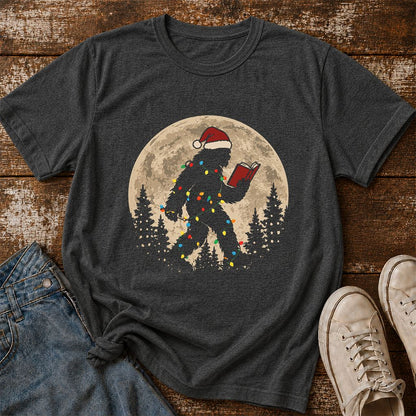 Big Foot Wearing Christmas Hat Printed T-Shirt | Christmas Reader Gift Dark Heather