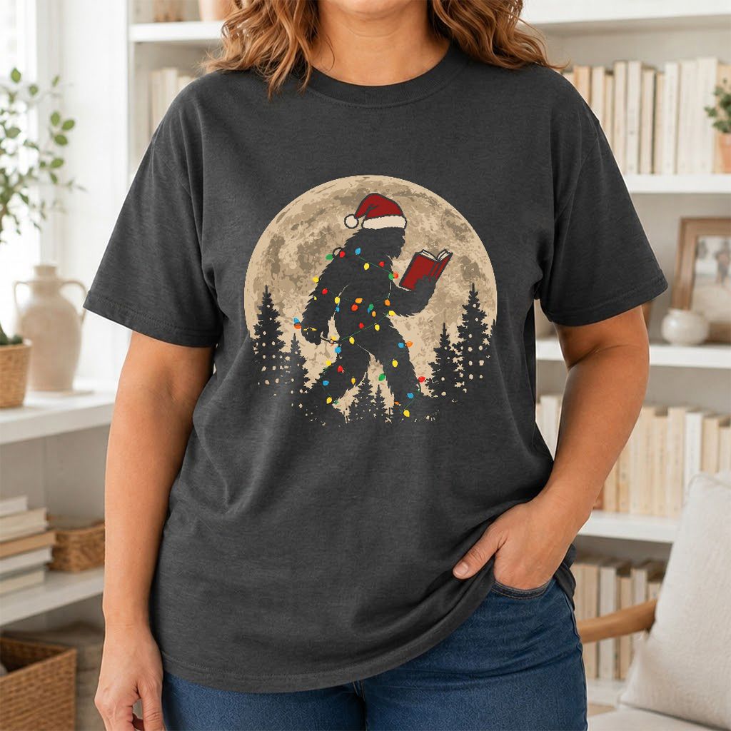 Big Foot Wearing Christmas Hat Printed T-Shirt | Christmas Reader Gift Dark Heather
