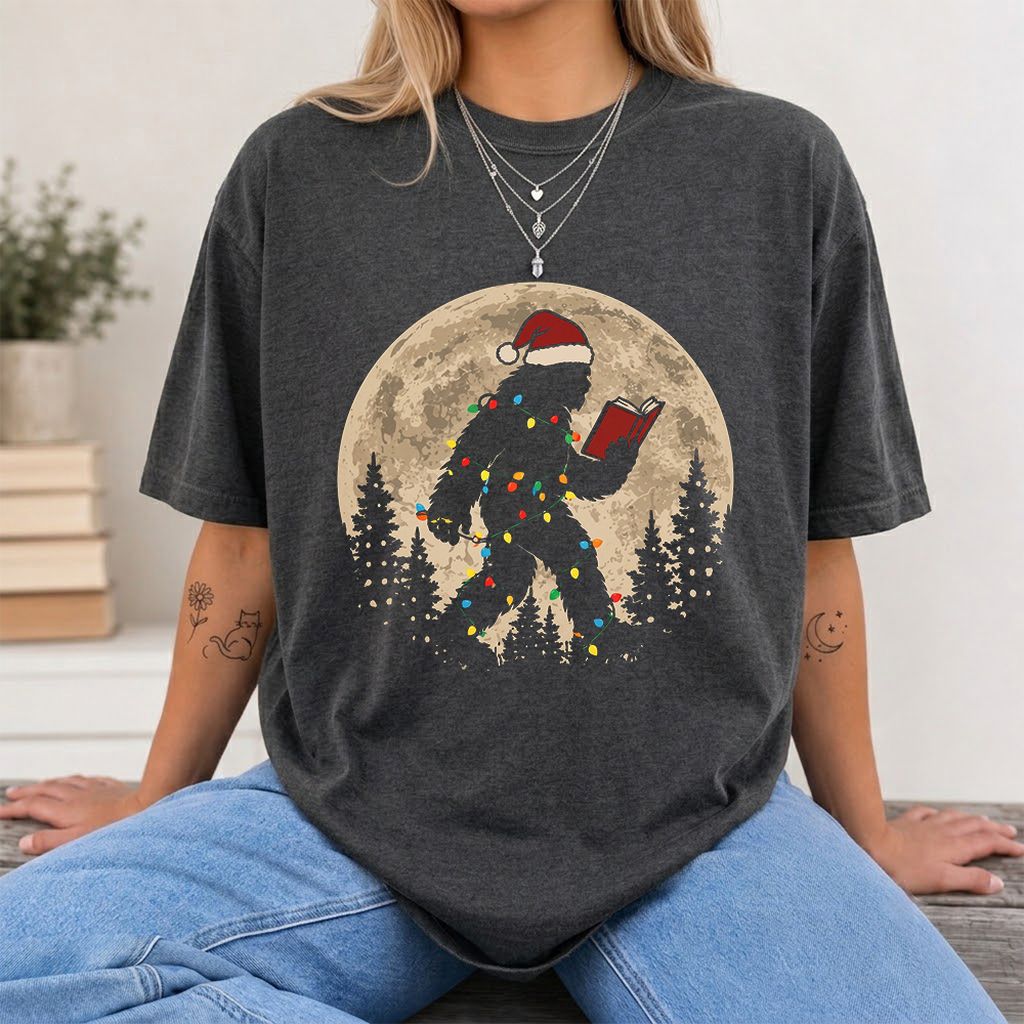 Big Foot Wearing Christmas Hat Printed T-Shirt | Christmas Reader Gift Dark Heather