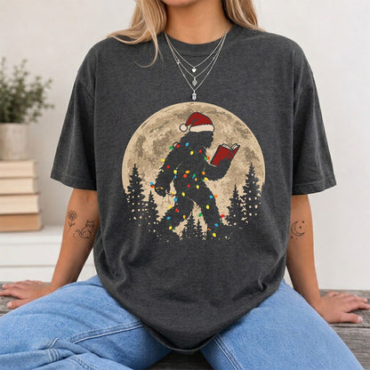 Big Foot Wearing Christmas Hat Printed T-Shirt | Christmas Reader Gift Dark Heather