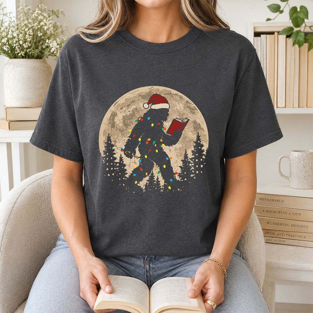 Big Foot Wearing Christmas Hat Printed T-Shirt | Christmas Reader Gift Dark Heather
