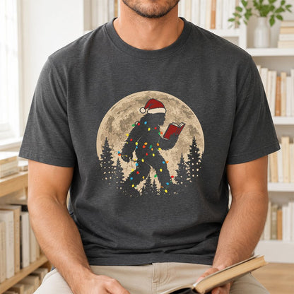Big Foot Wearing Christmas Hat Printed T-Shirt | Christmas Reader Gift Dark Heather