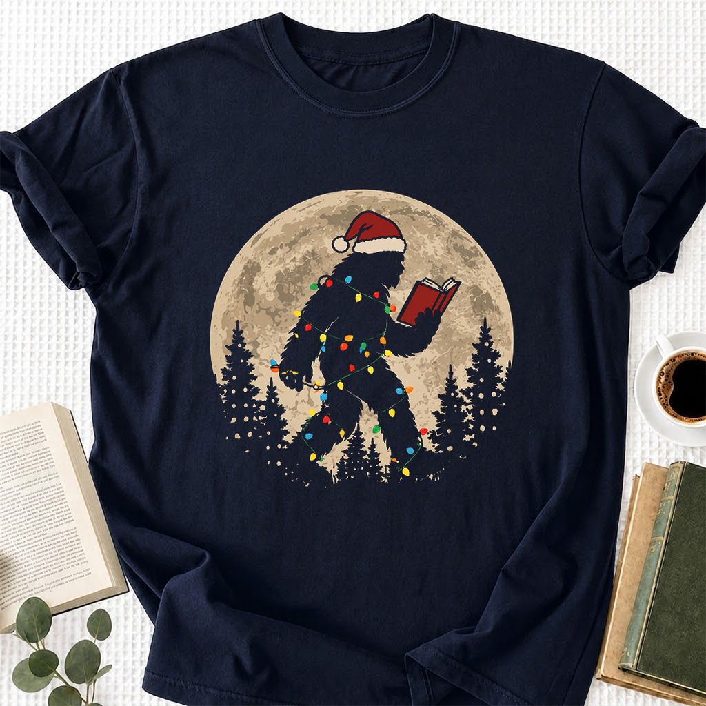 Big Foot Wearing Christmas Hat Printed T-Shirt | Christmas Reader Gift Navy