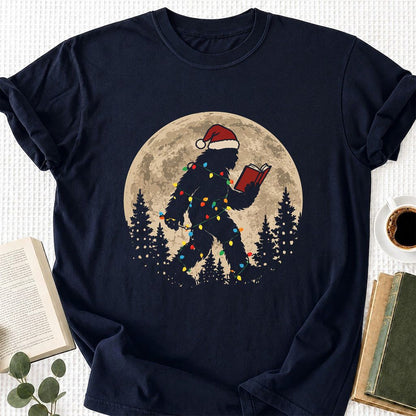 Big Foot Wearing Christmas Hat Printed T-Shirt | Christmas Reader Gift Navy