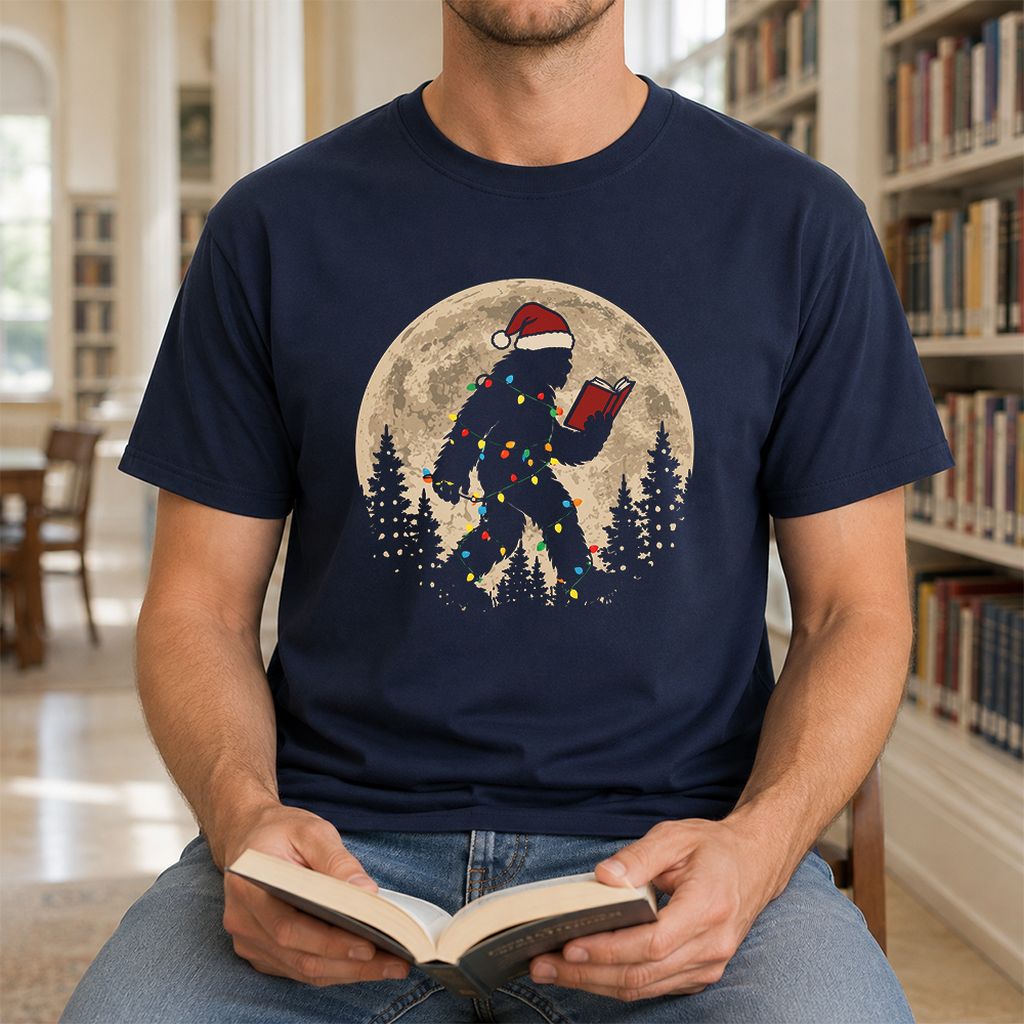 Big Foot Wearing Christmas Hat Printed T-Shirt | Christmas Reader Gift Navy