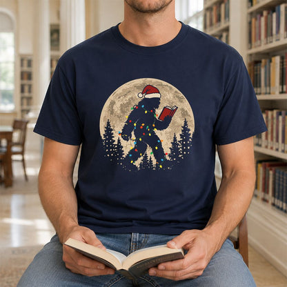 Big Foot Wearing Christmas Hat Printed T-Shirt | Christmas Reader Gift Navy
