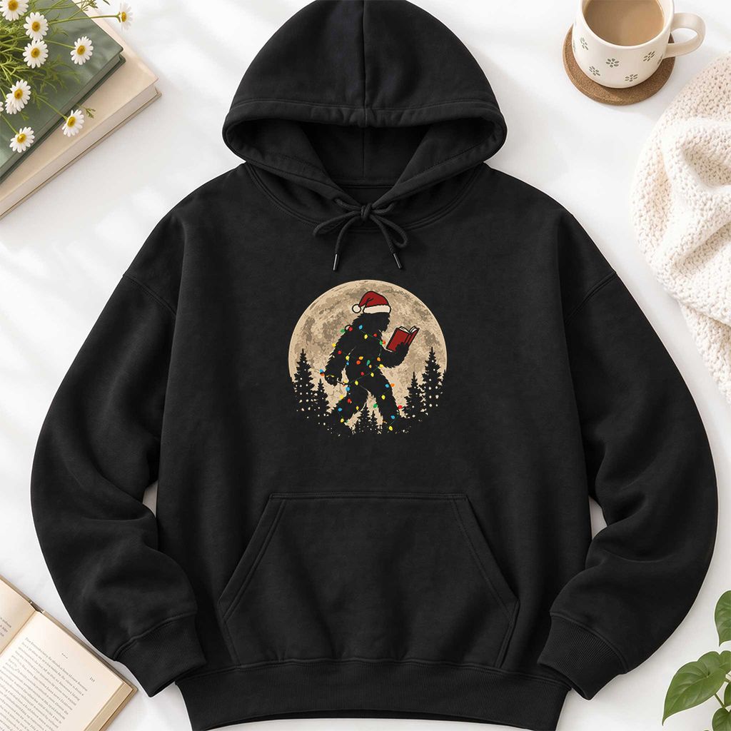 Big Foot Wearing Christmas Hat Softstyle Hoodie | Christmas Reader Gift Black