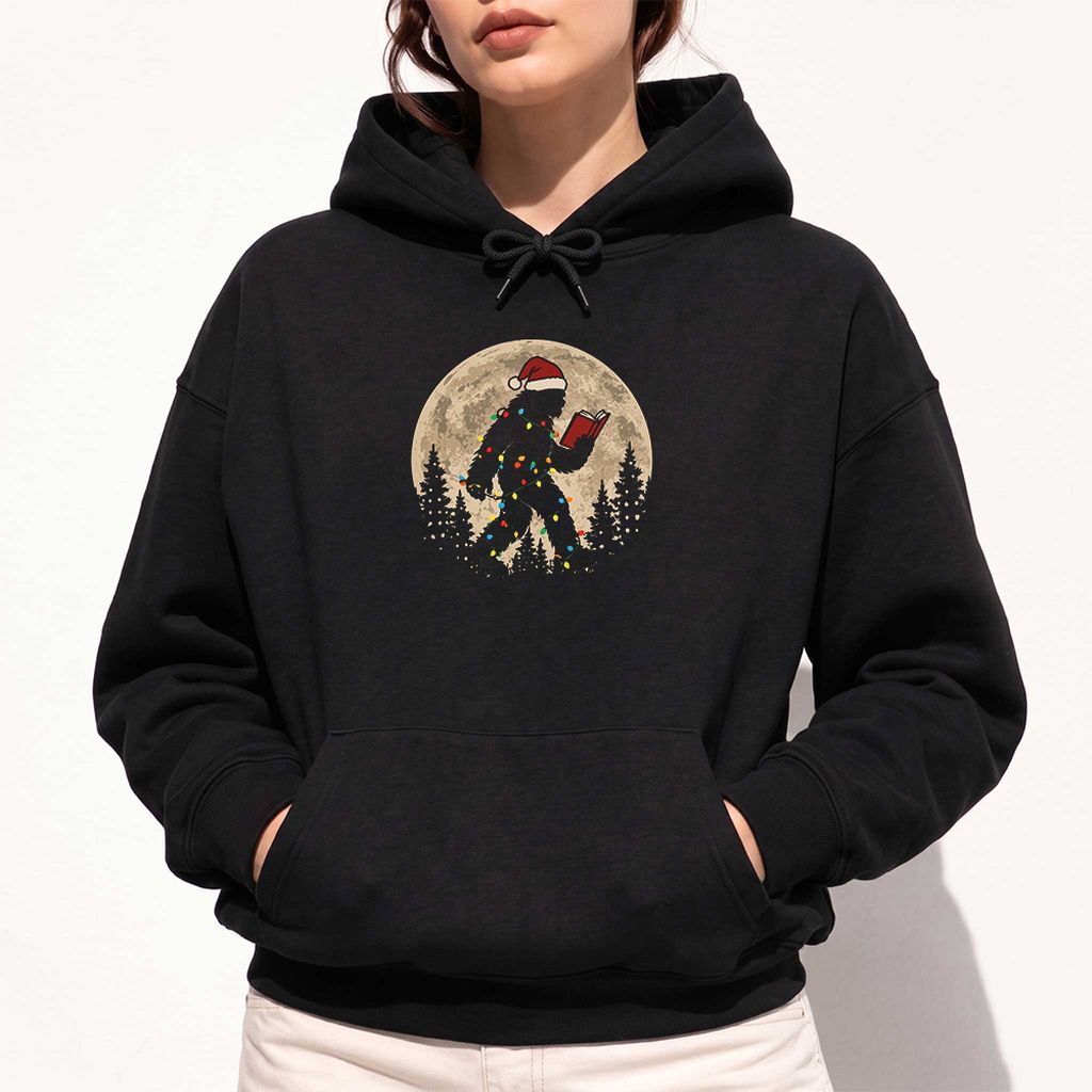 Big Foot Wearing Christmas Hat Softstyle Hoodie | Christmas Reader Gift Black