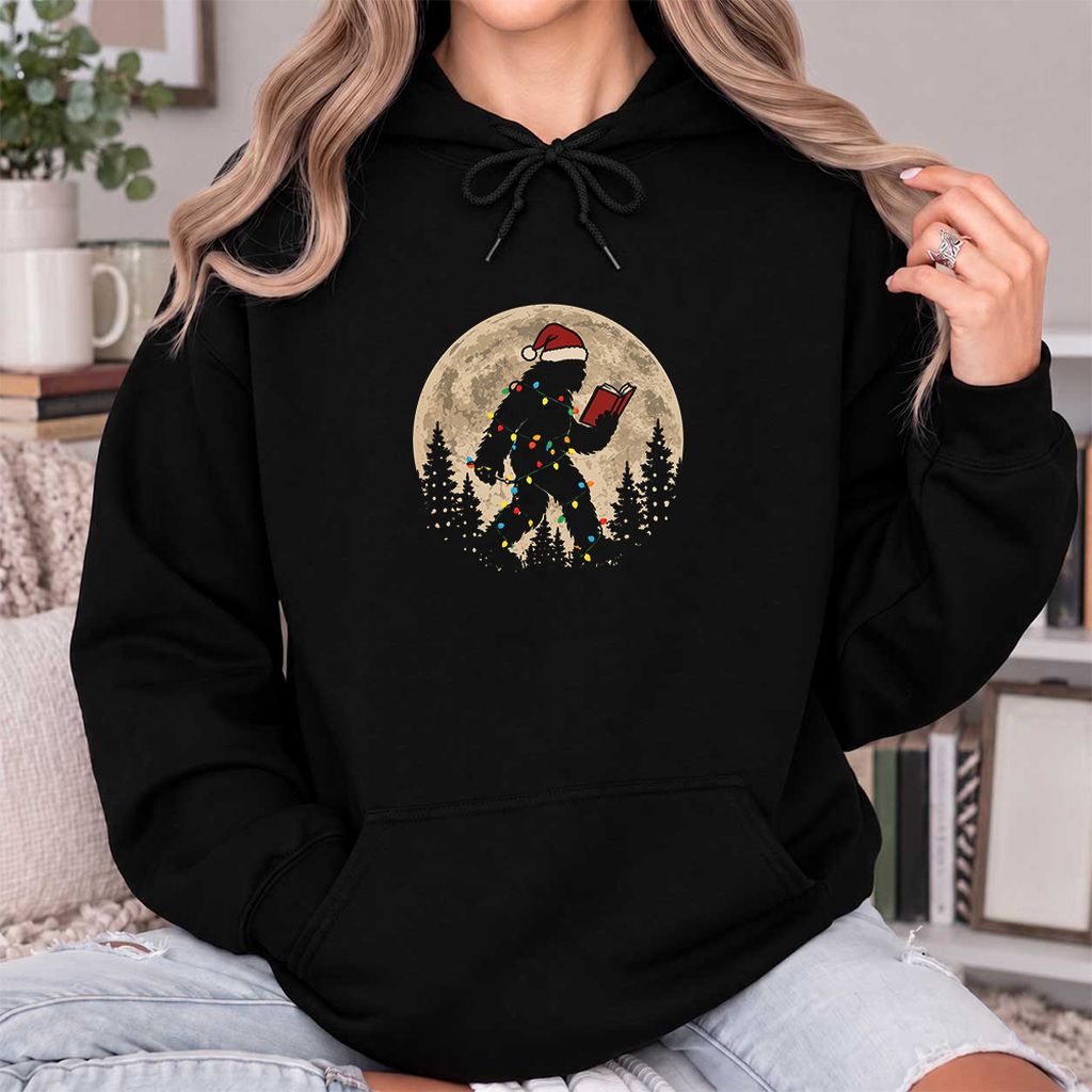 Big Foot Wearing Christmas Hat Softstyle Hoodie | Christmas Reader Gift Black
