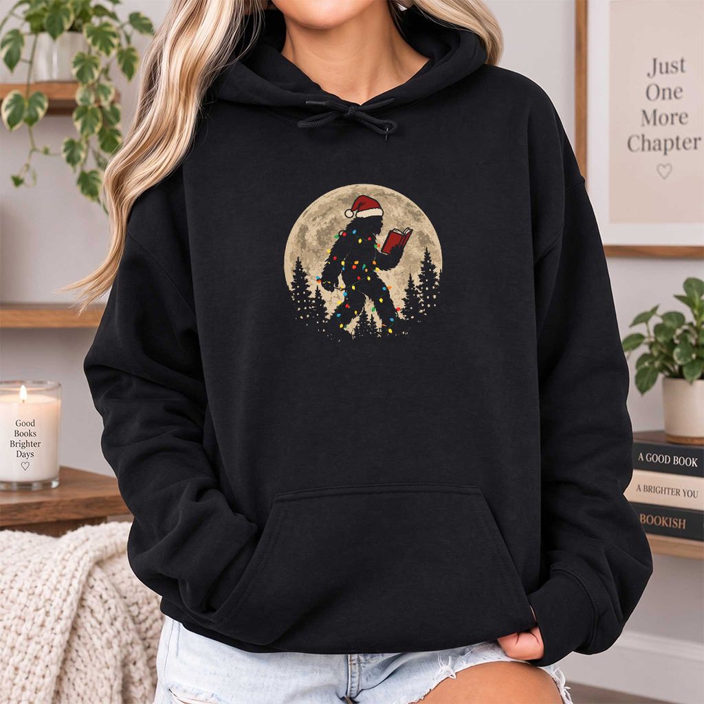Big Foot Wearing Christmas Hat Softstyle Hoodie | Christmas Reader Gift Black