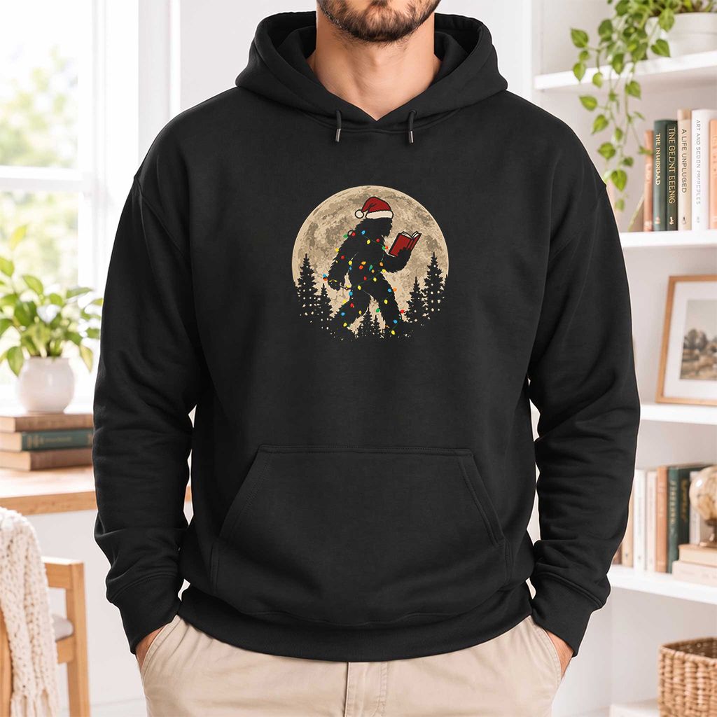 Big Foot Wearing Christmas Hat Softstyle Hoodie | Christmas Reader Gift Black