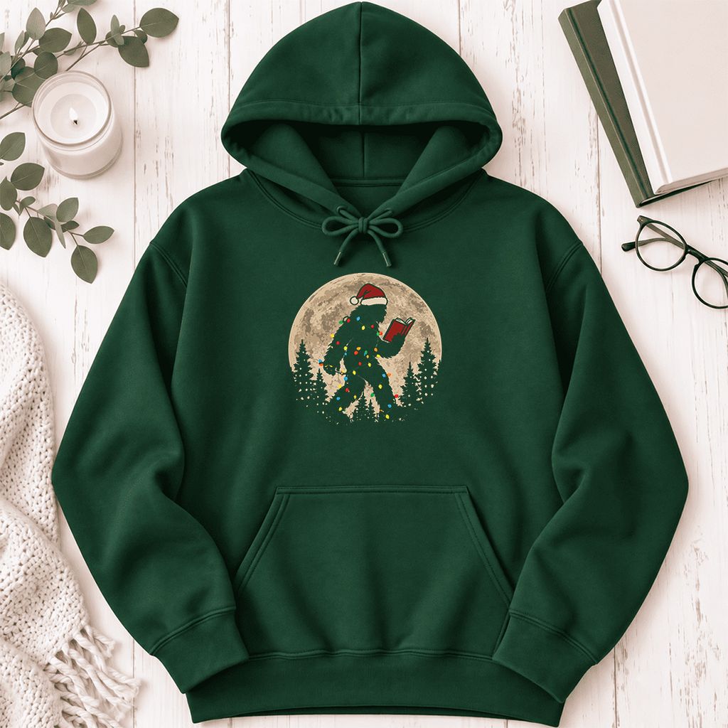 Big Foot Wearing Christmas Hat Softstyle Hoodie | Christmas Reader Gift Forest Green