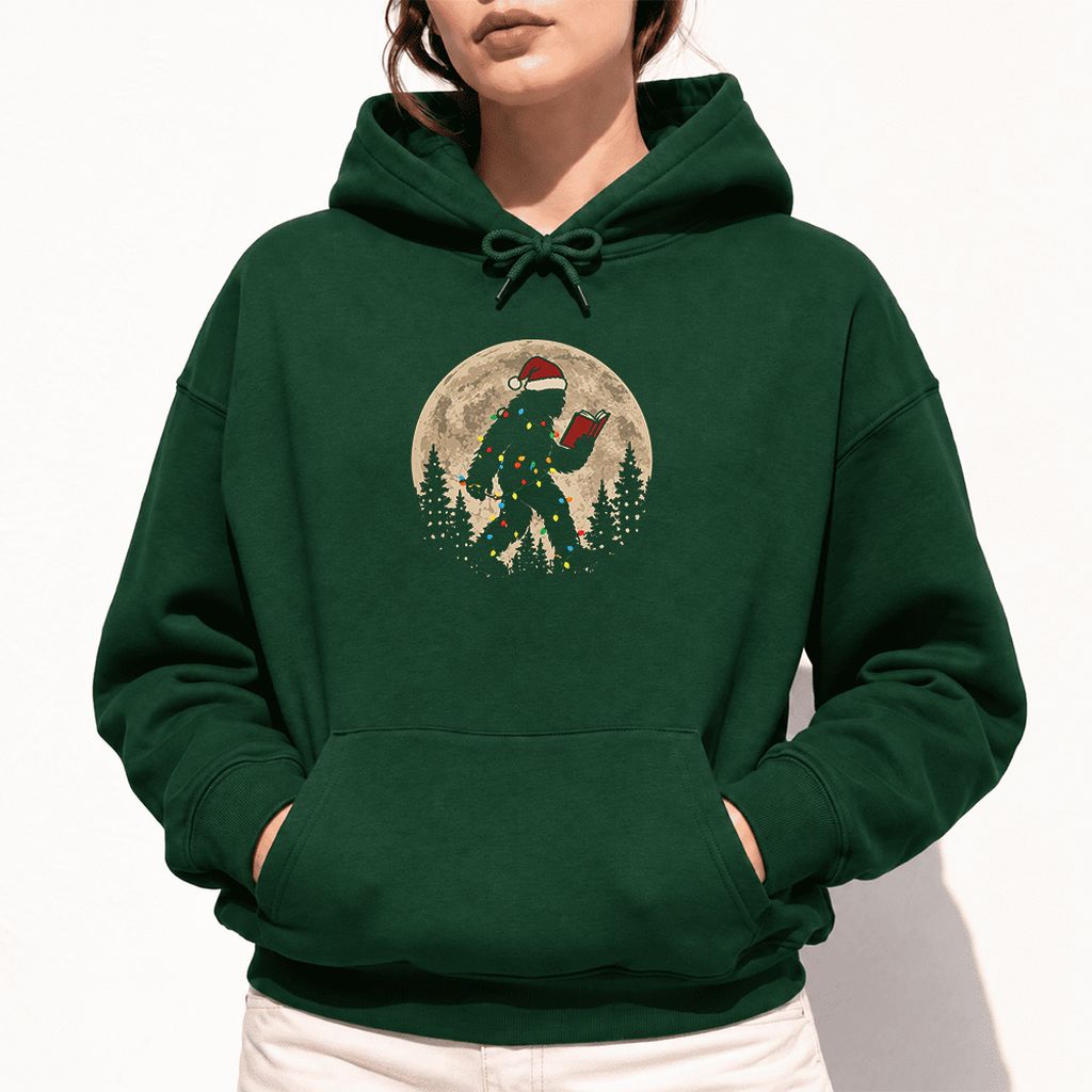 Big Foot Wearing Christmas Hat Softstyle Hoodie | Christmas Reader Gift Forest Green