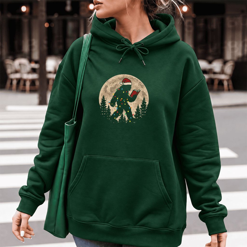 Big Foot Wearing Christmas Hat Softstyle Hoodie | Christmas Reader Gift Forest Green