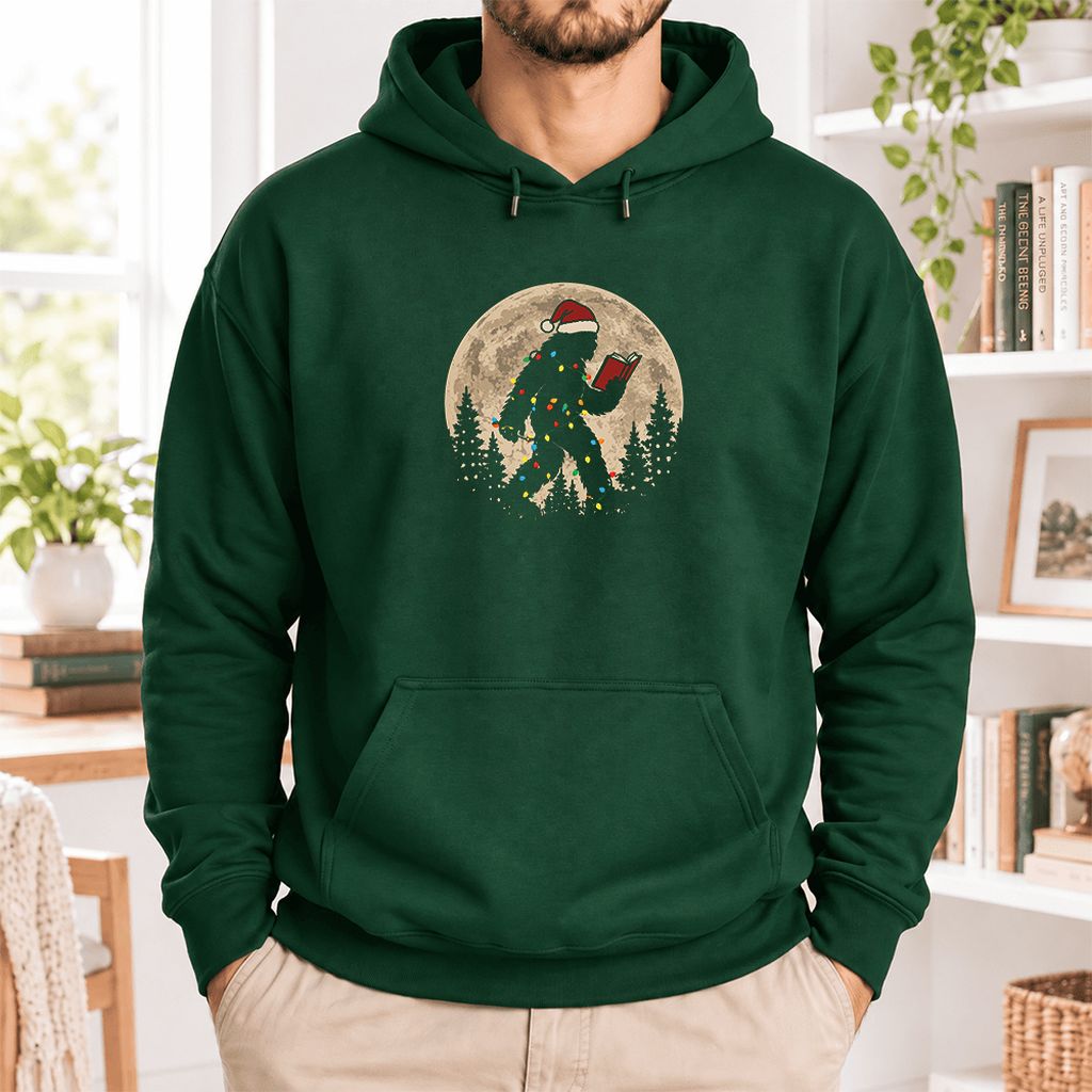 Big Foot Wearing Christmas Hat Softstyle Hoodie | Christmas Reader Gift Forest Green