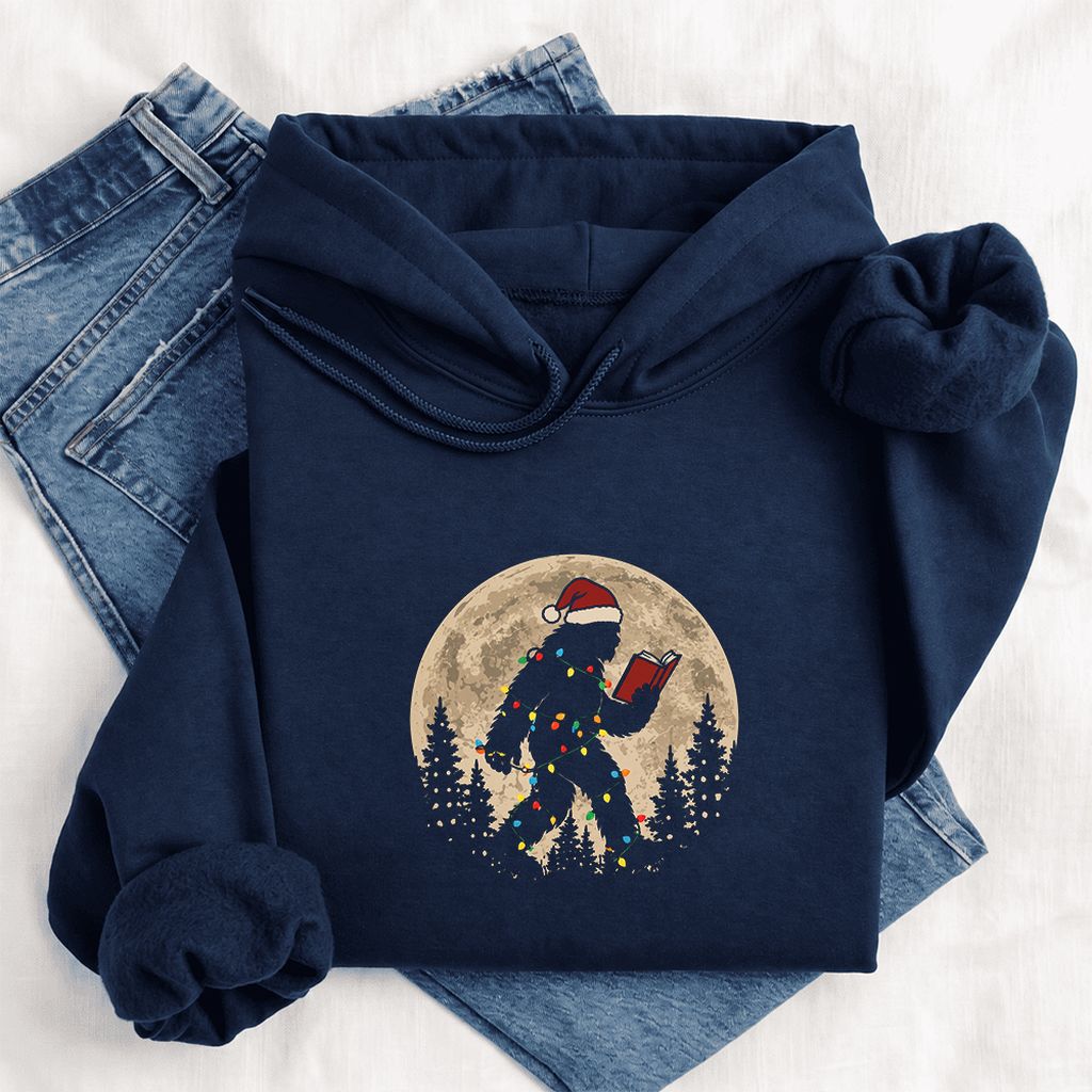 Big Foot Wearing Christmas Hat Softstyle Hoodie | Christmas Reader Gift Navy