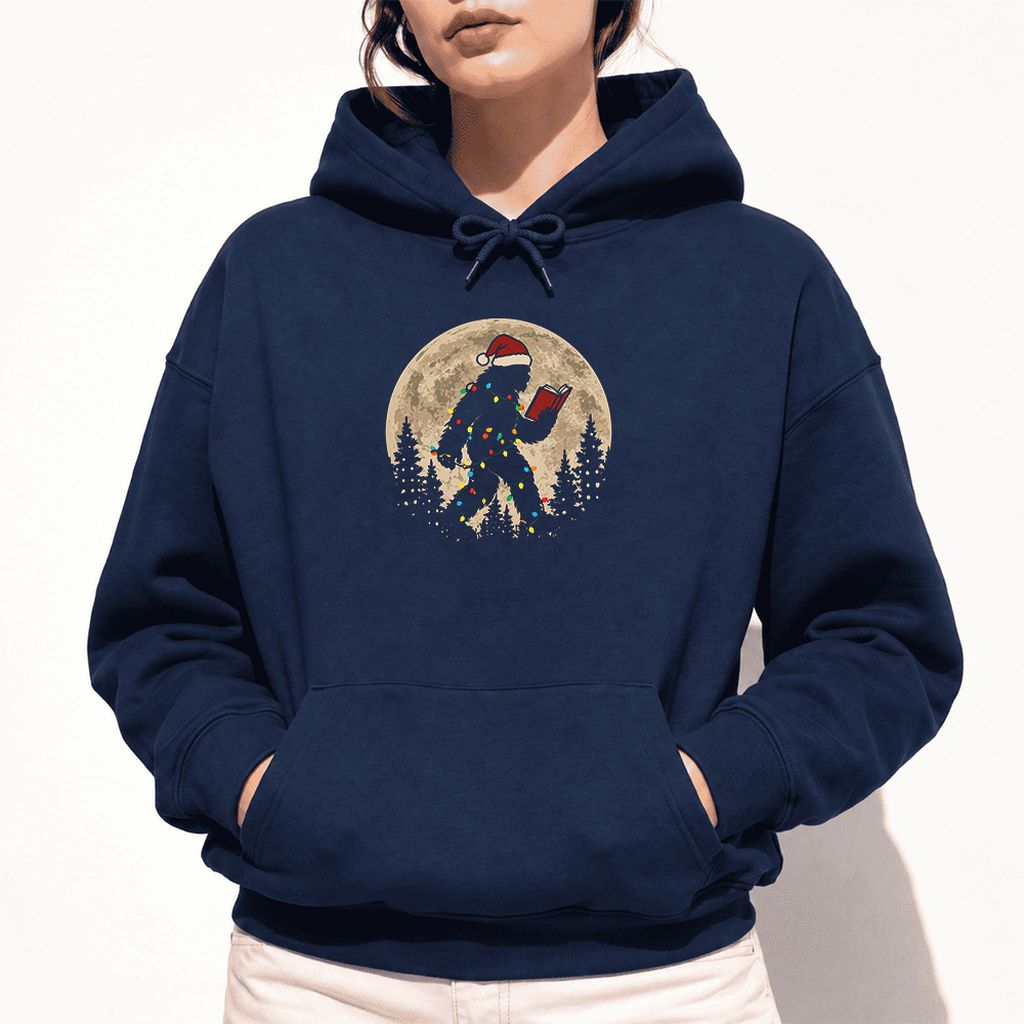 Big Foot Wearing Christmas Hat Softstyle Hoodie | Christmas Reader Gift Navy
