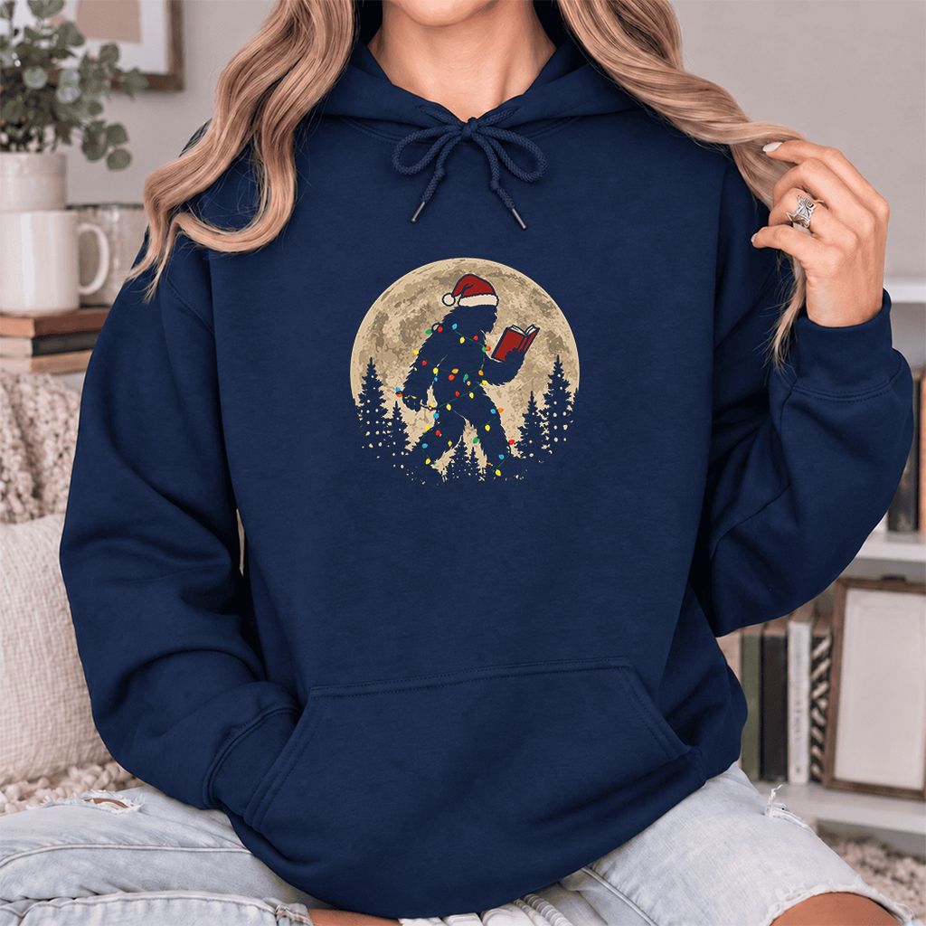 Big Foot Wearing Christmas Hat Softstyle Hoodie | Christmas Reader Gift Navy