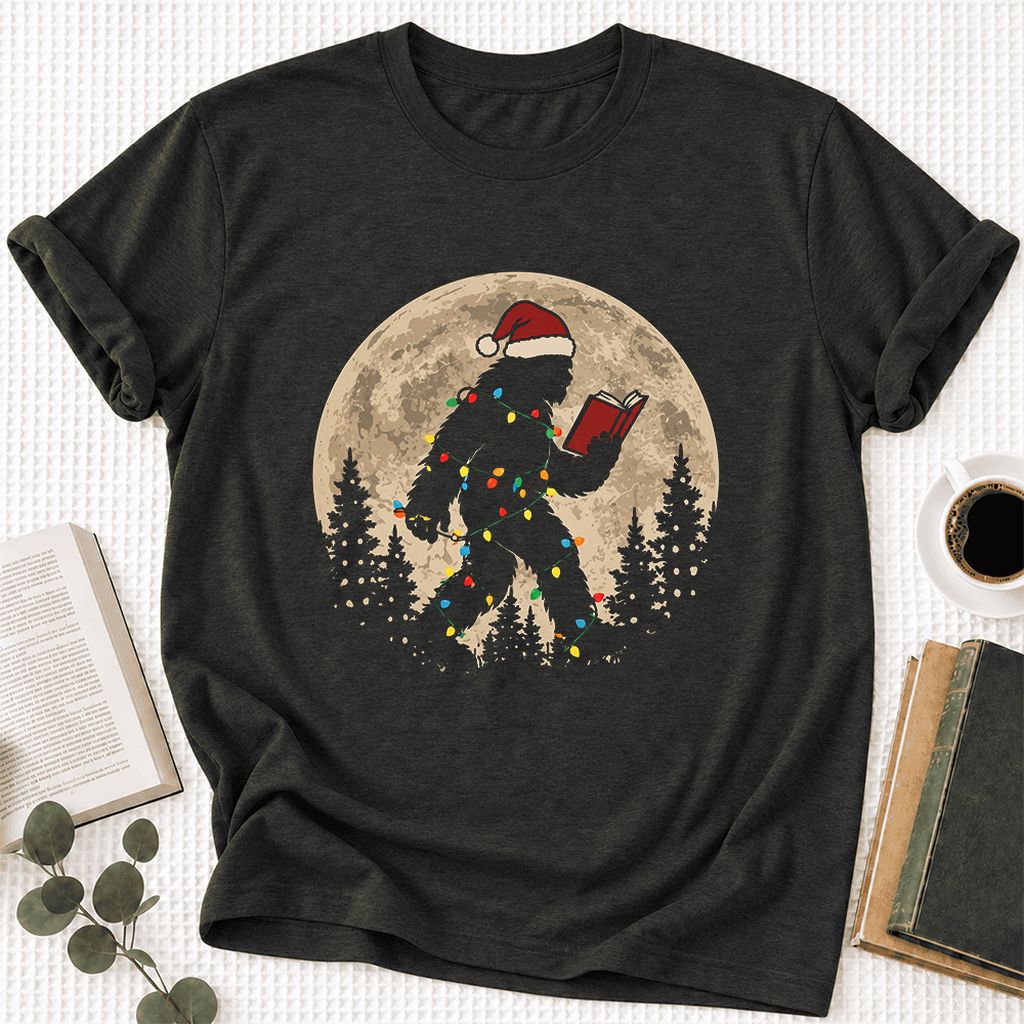 Big Foot Wearing Christmas Hat Ultra-Soft Cotton T-Shirt | Christmas Reader Gift Black Heather