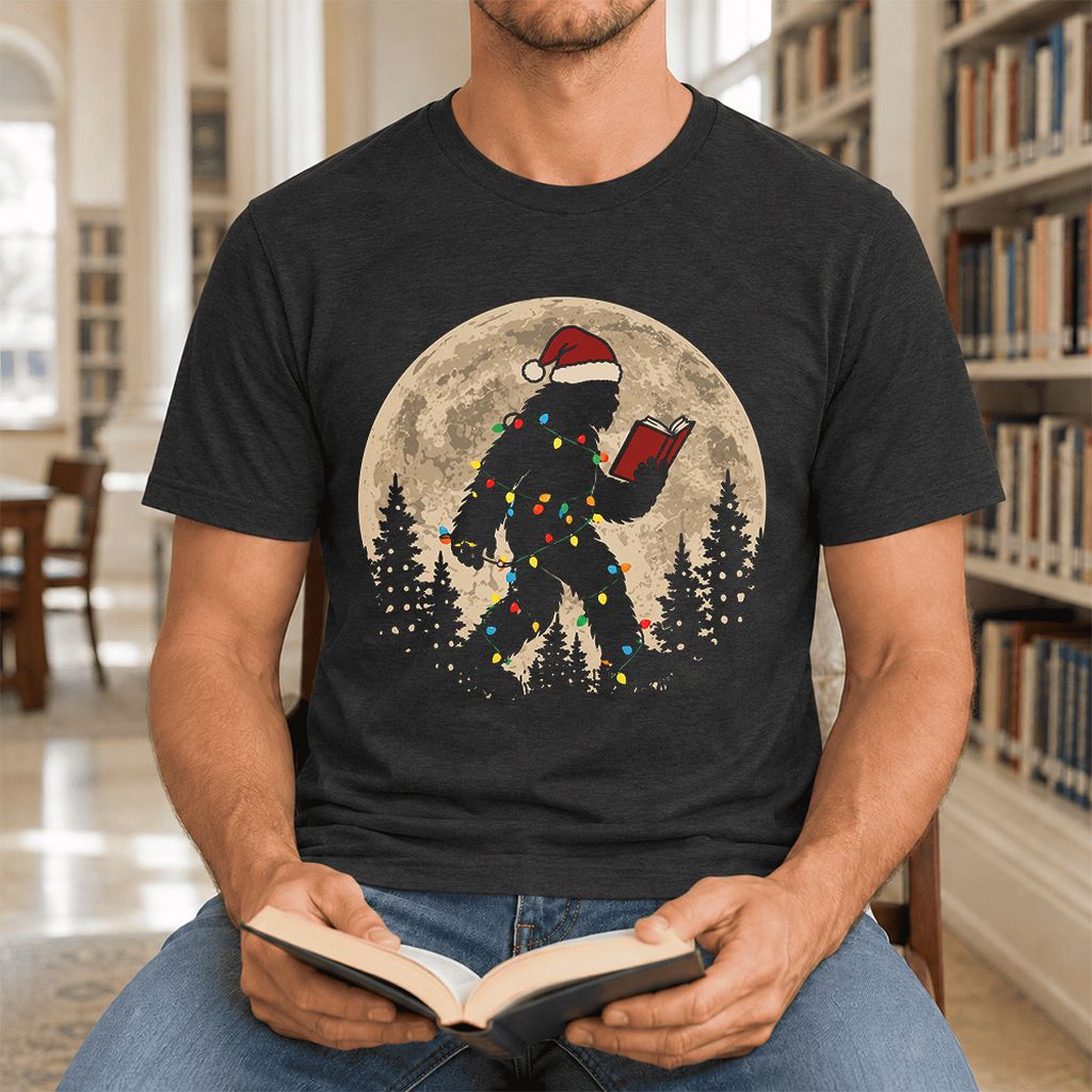 Big Foot Wearing Christmas Hat Ultra-Soft Cotton T-Shirt | Christmas Reader Gift Black Heather