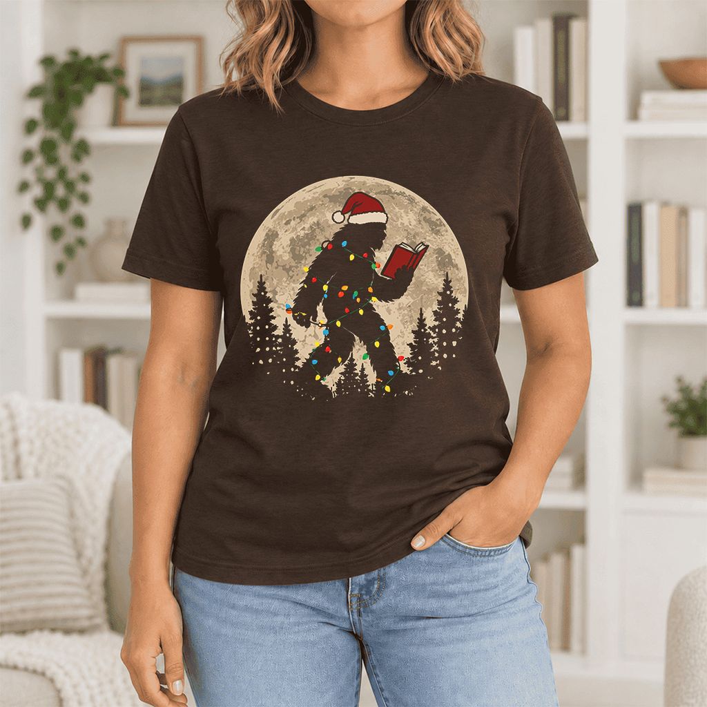 Big Foot Wearing Christmas Hat Ultra-Soft Cotton T-Shirt | Christmas Reader Gift Brown