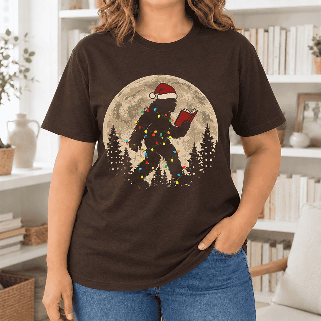 Big Foot Wearing Christmas Hat Ultra-Soft Cotton T-Shirt | Christmas Reader Gift Brown